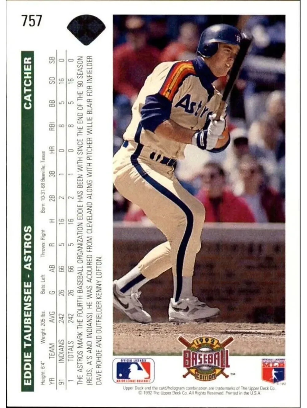 Eddie Taubensee 1992 Upper Deck MLB #757 Rookie Baseball Card Cleveland Indians